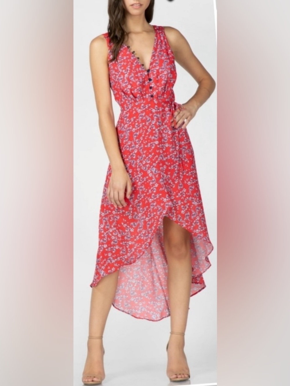 ADELYN RAE Sleeveless Red Floral V-Neck Hi-Low Dress Sz M Faux Wrap Flowy Party